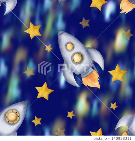 Beautiful dark blue seamless pattern with space rockets, spaceships, stars and nebula, night sky 140998311