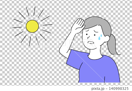 一幅簡單的線條向量插圖,描繪了一位女子用一隻手遮擋夏日強烈的陽光,同時汗流浹背的情景。 一幅簡單的線條向量插圖,描繪了一位女子用一隻手遮擋夏日強烈的陽光,同時汗流浹背的情景。 140998325