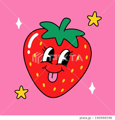 Smiling strawberry mascot in playful flat vector style for food branding and packaging 140998596