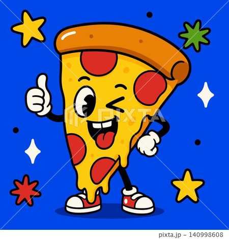 Smiling pizza slice mascot in playful vector style for food branding and packaging Smiling pizza slice mascot in playful vector style for food branding and packaging 140998608