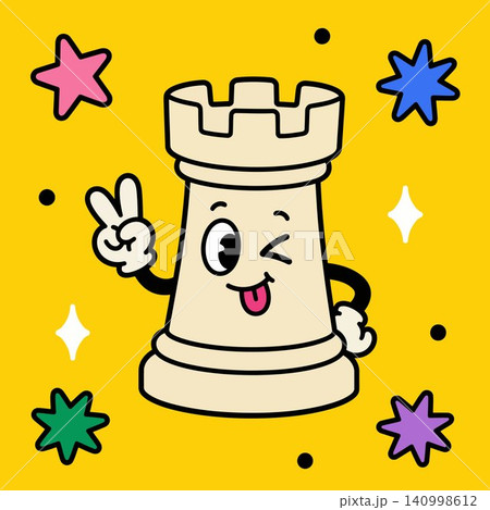 Smiling rook mascot in playful doodle style with colorful stars on yellow background for sticker Smiling rook mascot in playful doodle style with colorful stars on yellow background for sticker 140998612