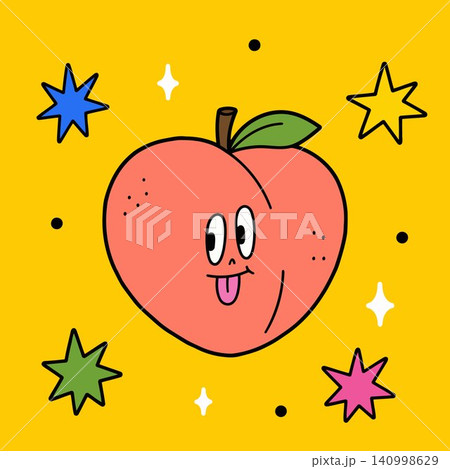 Smiling peach mascot with decorative stars on yellow background in cartoon vector style for food 140998629