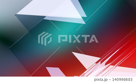 Abstract 3D geometric background with overlapping transparent glass layers and vibrant teal and red gradient. 140998683