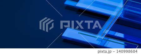 Abstract 3D technology banner background. Overlapping transparent glass panels and glowing neon lines on dark blue space. Abstract 3D technology banner background. Overlapping transparent glass panels and glowing neon lines on dark blue space. 140998684