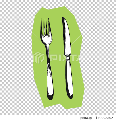 Fork and knife utensils in bold line art style on green background for food illustration Fork and knife utensils in bold line art style on green background for food illustration 140998802