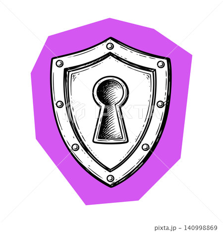 Shield key illustration in black and white with purple background Shield key illustration in black and white with purple background 140998869