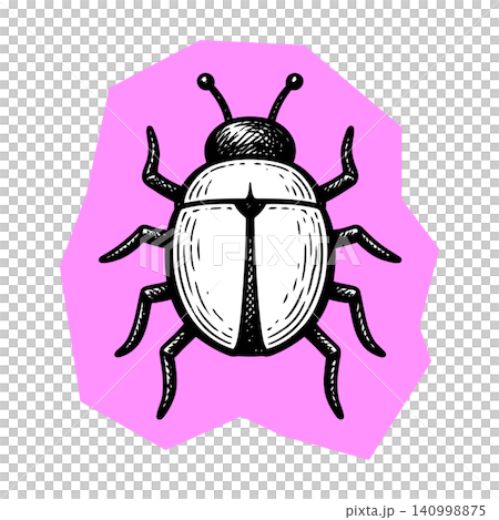 Beetle illustration in black and white line art on pink background for sticker or icon design 140998875