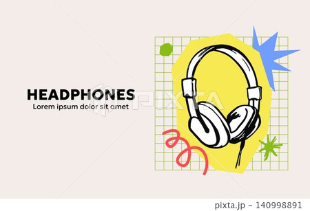 Headphones doodle illustration with decorative accents for music and audio branding 140998891