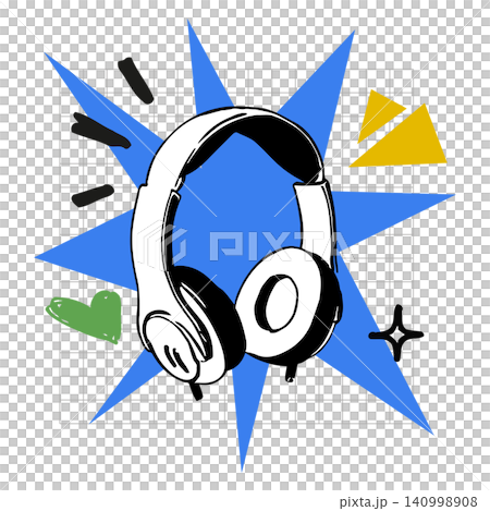 Headphones vector illustration with blue starburst and geometric shapes for music or audio branding 140998908