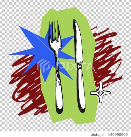 Fork and knife utensils in bold comic vector style for food editorial and packaging Fork and knife utensils in bold comic vector style for food editorial and packaging 140998909