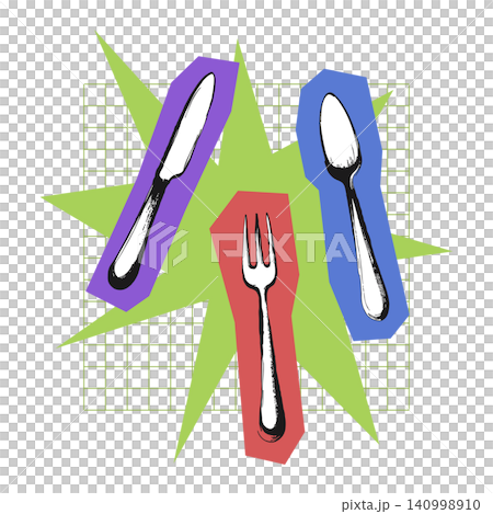 Fork and spoon and knife utensils in colorful pop art vector style for food packaging and tableware Fork and spoon and knife utensils in colorful pop art vector style for food packaging and tableware 140998910