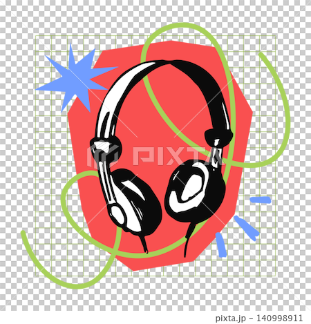Headphones doodle illustration with green lines and blue accents for music or podcast branding 140998911