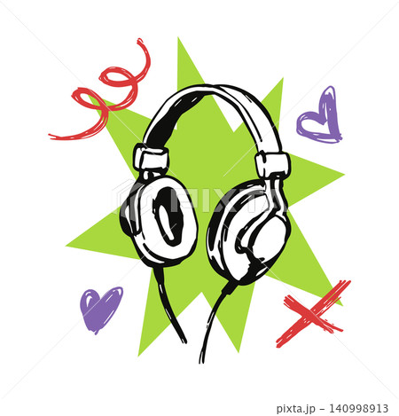 Headphones doodle illustration with hearts and starburst for music and audio design Headphones doodle illustration with hearts and starburst for music and audio design 140998913