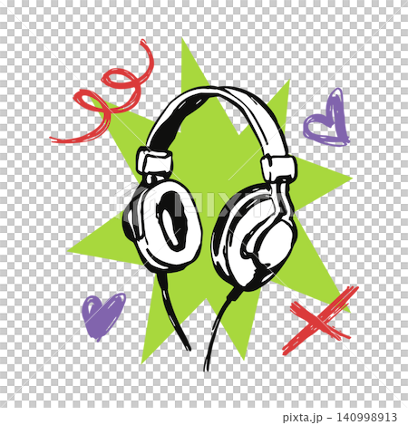 Headphones doodle illustration with hearts and starburst for music and audio design Headphones doodle illustration with hearts and starburst for music and audio design 140998913