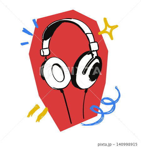 Headphones doodle illustration with decorative accents for music or audio branding 140998915