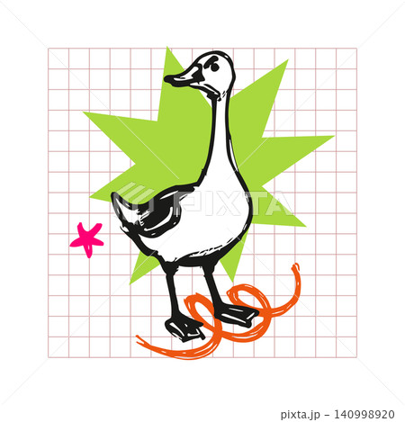 Goose mascot in bold line art style with decorative accents for sticker or greeting card Goose mascot in bold line art style with decorative accents for sticker or greeting card 140998920