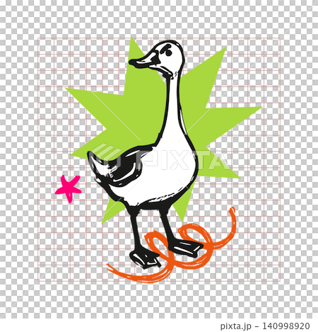 Goose mascot in bold line art style with decorative accents for sticker or greeting card Goose mascot in bold line art style with decorative accents for sticker or greeting card 140998920