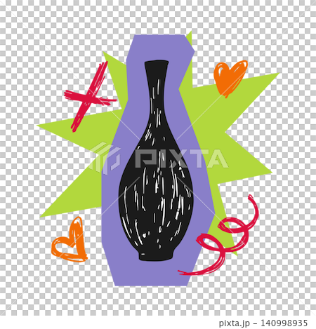 Black vase doodle illustration with colorful accents and green burst Black vase doodle illustration with colorful accents and green burst 140998935