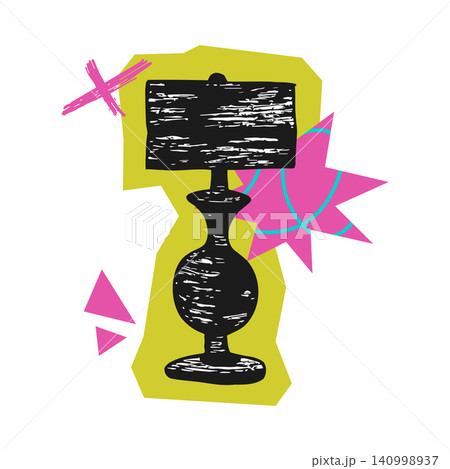 Black lamp illustration with abstract shapes in grungy sticker style for decorative accents Black lamp illustration with abstract shapes in grungy sticker style for decorative accents 140998937