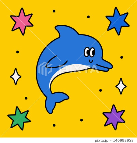Smiling dolphin cartoon illustration with colorful stars on yellow background for kids wallpaper Smiling dolphin cartoon illustration with colorful stars on yellow background for kids wallpaper 140998958