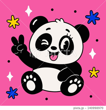 Smiling panda mascot with peace sign in playful vector style for greeting cards and stickers Smiling panda mascot with peace sign in playful vector style for greeting cards and stickers 140998970