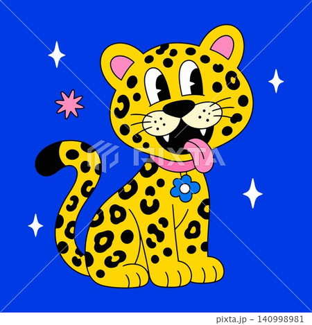 Smiling leopard mascot in bold flat vector style for kids' products and branding 140998981