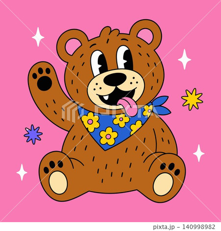 Playful brown teddy bear mascot in cartoon vector style with decorative accents for greeting cards 140998982