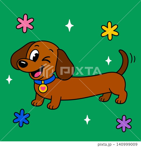 Smiling dachshund cartoon illustration with colorful flowers on green background for pet greeting Smiling dachshund cartoon illustration with colorful flowers on green background for pet greeting 140999009