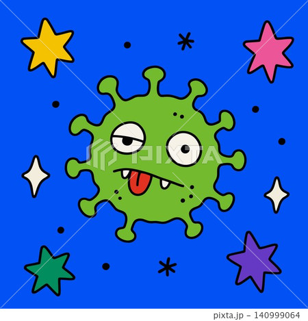 Green cartoon virus mascot with decorative stars on blue background for editorial and educational Green cartoon virus mascot with decorative stars on blue background for editorial and educational 140999064