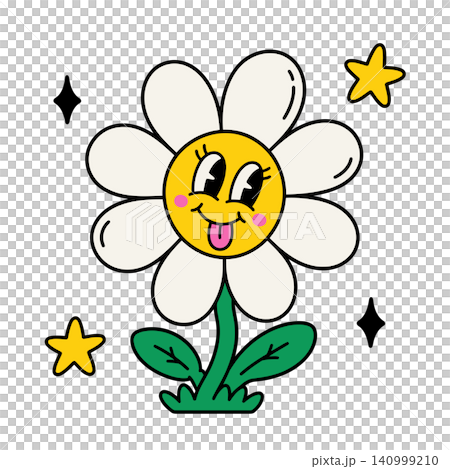 Smiling daisy flower mascot with decorative stars in playful vector style for greeting cards Smiling daisy flower mascot with decorative stars in playful vector style for greeting cards 140999210