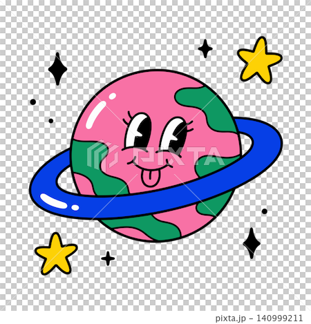 Smiling planet mascot with ring and stars in cartoon vector style for sticker or greeting card Smiling planet mascot with ring and stars in cartoon vector style for sticker or greeting card 140999211