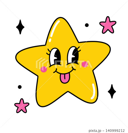 Smiling star mascot with decorative accents in playful vector style for greeting cards and stickers Smiling star mascot with decorative accents in playful vector style for greeting cards and stickers 140999212