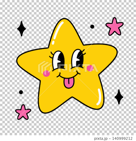 Smiling star mascot with decorative accents in playful vector style for greeting cards and stickers Smiling star mascot with decorative accents in playful vector style for greeting cards and stickers 140999212