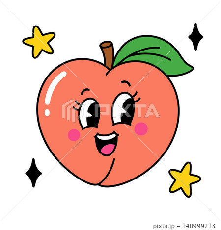 Smiling peach mascot in bold flat vector style for food branding and packaging Smiling peach mascot in bold flat vector style for food branding and packaging 140999213