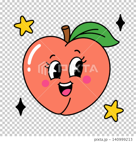 Smiling peach mascot in bold flat vector style for food branding and packaging Smiling peach mascot in bold flat vector style for food branding and packaging 140999213