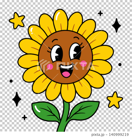 Smiling sunflower cartoon character with decorative stars and sparkles Smiling sunflower cartoon character with decorative stars and sparkles 140999219
