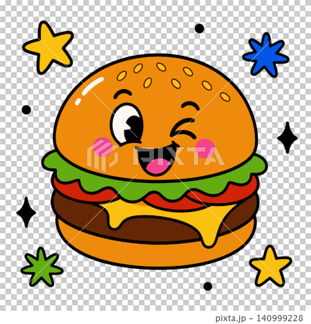 Smiling cheeseburger mascot in bold flat vector style for food branding and packaging Smiling cheeseburger mascot in bold flat vector style for food branding and packaging 140999228