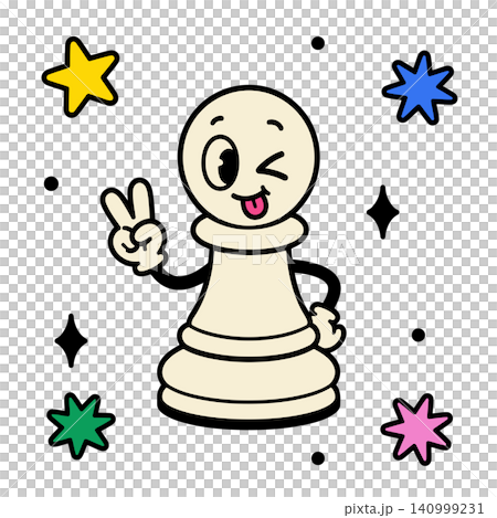 Smiling pawn chess piece mascot with peace sign in doodle style for sticker and greeting card Smiling pawn chess piece mascot with peace sign in doodle style for sticker and greeting card 140999231