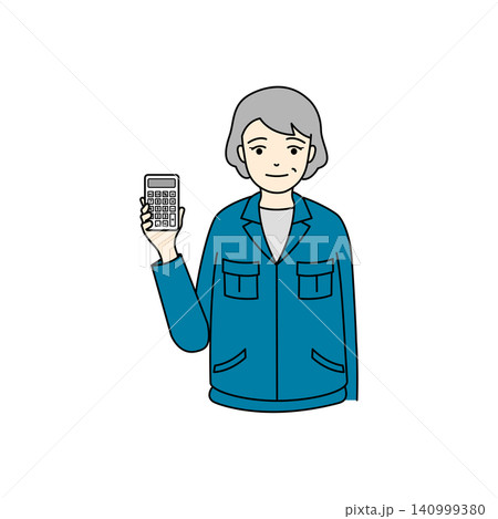 電卓を手に持って笑顔で計算する作業着のシニア女性 電卓を手に持って笑顔で計算する作業着のシニア女性 140999380