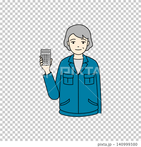 電卓を手に持って笑顔で計算する作業着のシニア女性 電卓を手に持って笑顔で計算する作業着のシニア女性 140999380