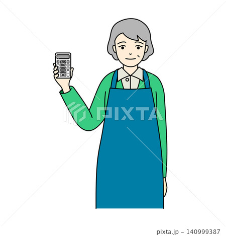 電卓を手に持って笑顔で計算するエプロン姿のシニア女性 電卓を手に持って笑顔で計算するエプロン姿のシニア女性 140999387