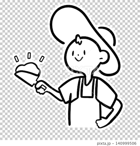 Illustration of a farmer holding up feed scooped with a shovel | Smiling, sticker-style, line art Illustration of a farmer holding up feed scooped with a shovel | Smiling, sticker-style, line art 140999506