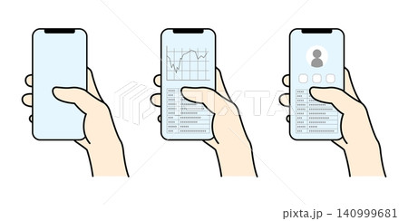 スマートフォンを操作する右手と画面表示のバリエーションイラストセット スマートフォンを操作する右手と画面表示のバリエーションイラストセット 140999681
