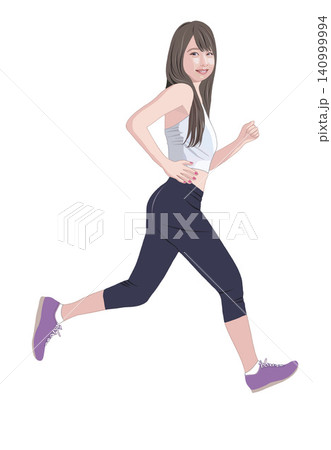 笑顔でランニングする若い女性イラスト 笑顔でランニングする若い女性イラスト 140999994