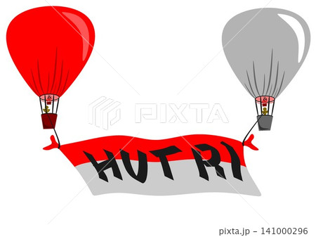Hot air balloons flying with Indonesian flag banner HUT RI on white background. 141000296