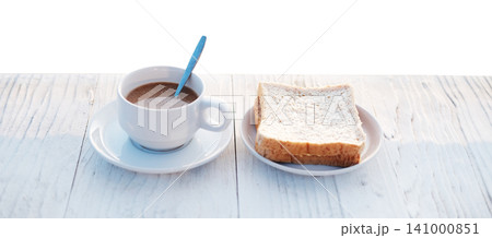 A cup of hot coffee with toast bread in white dish on white wooden counter bar isolated on white background with clipping path A cup of hot coffee with toast bread in white dish on white wooden counter bar isolated on white background with clipping path 141000851