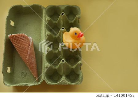 Rubber duck and ice cream cone in egg carton Rubber duck and ice cream cone in egg carton 141001455