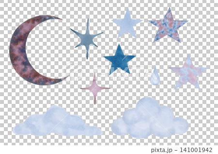 Set featuring the moon, clouds and stars. Watercolor illustration. Celestial theme, nighttime, fairytale atmosphere. Hand drawn isolated clip art. Childrens cartoon sketch for bedrooms or projects Set featuring the moon, clouds and stars. Watercolor illustration. Celestial theme, nighttime, fairytale atmosphere. Hand drawn isolated clip art. Childrens cartoon sketch for bedrooms or projects 141001942