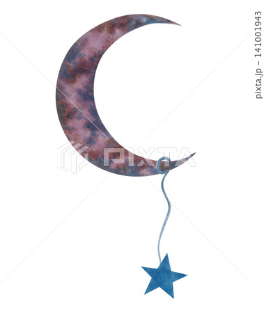 Watercolor illustration of a moon and a hanging star on a space theme. Hand-drawn isolated art. Children cartoon composition for decorating a girls or boys room or for a childrens greeting card Watercolor illustration of a moon and a hanging star on a space theme. Hand-drawn isolated art. Children cartoon composition for decorating a girls or boys room or for a childrens greeting card 141001943