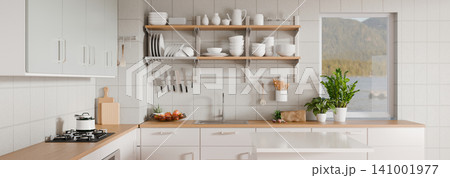 3D Illustration of Modern Minimalist Kitchen Interior with Open Shelves, White Cabinets and Wooden Countertop 3D Illustration of Modern Minimalist Kitchen Interior with Open Shelves, White Cabinets and Wooden Countertop 141001977